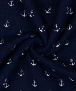 Gauze, Musselin – Double Gauze Marine mit weißen Ankern