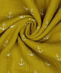 Gauze, Musselin – Double Gauze Senf mit weißen Ankern