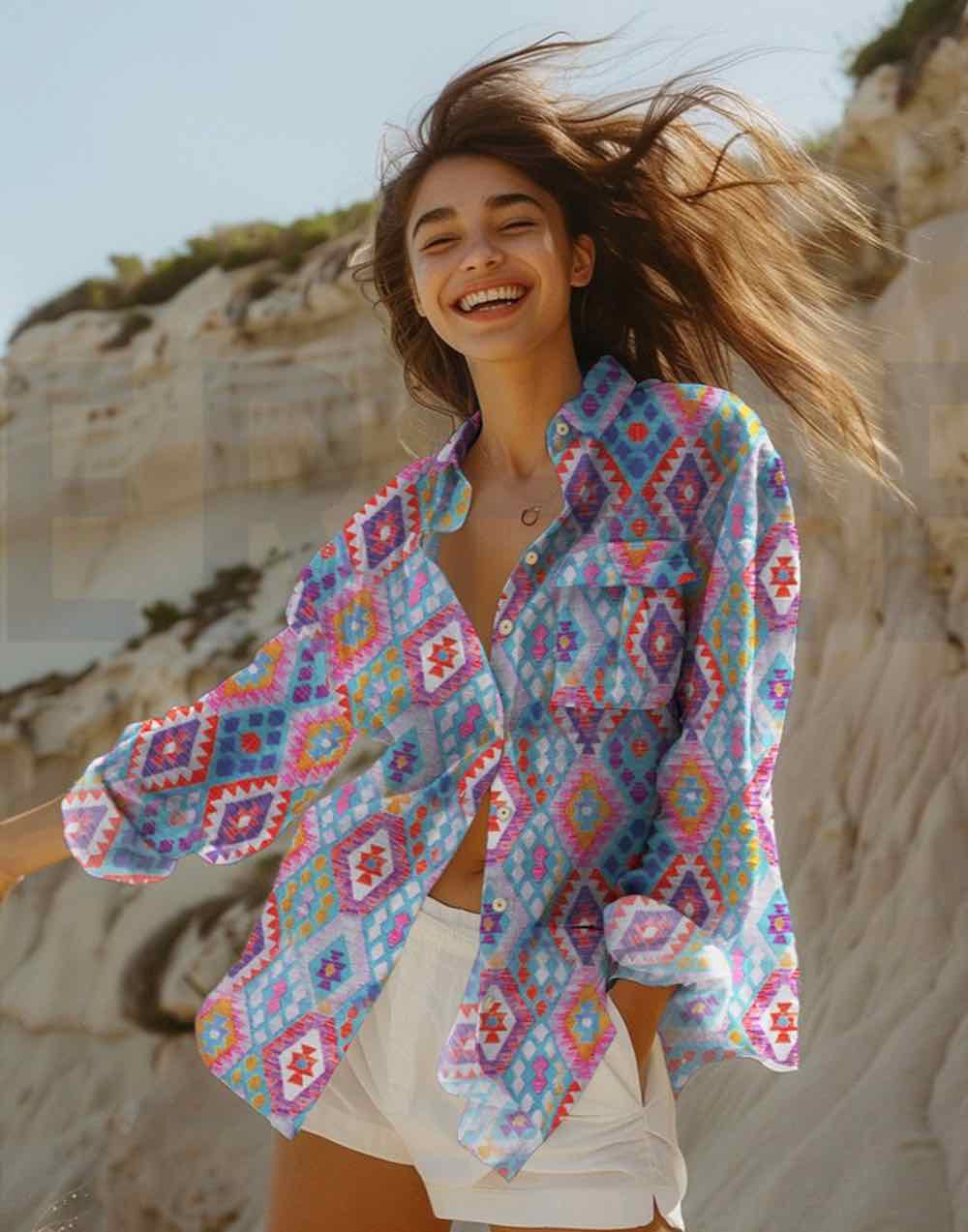 Viskose, Ethno Musterung Rauten Türkis Pink – Bild 4