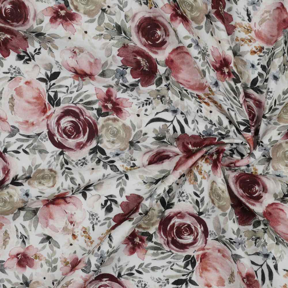 Gauze, Musselin Stoff – Blumen und Rosen auf Weiß – Bild 5