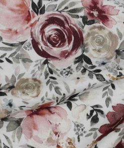 Gauze, Musselin Stoff – Blumen und Rosen auf Weiß