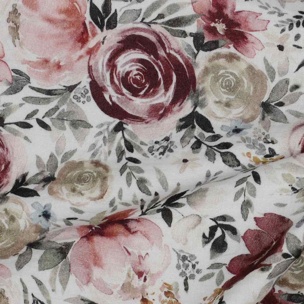 Gauze, Musselin Stoff – Blumen und Rosen auf Weiß