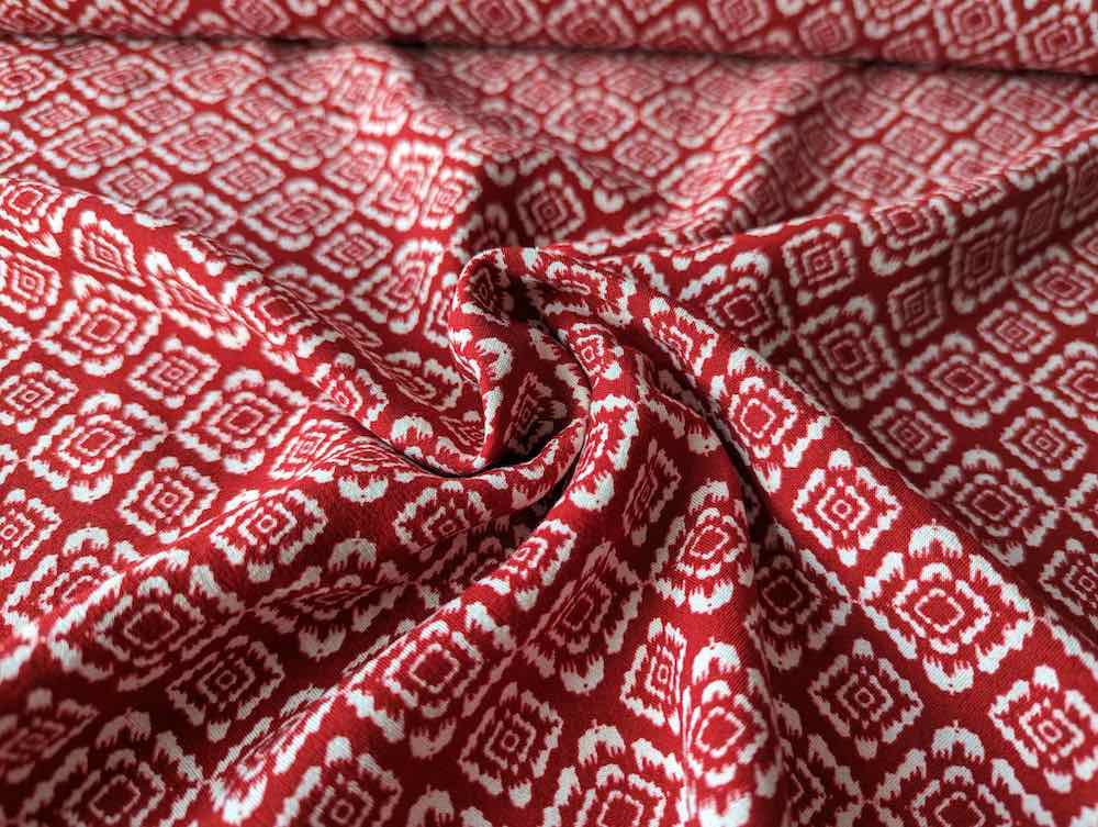 Viskose Leinen Mischung, Ornamente Rot / Ecru