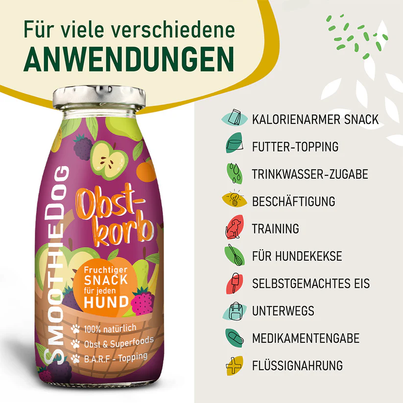 Hunde-Smoothie – Smoothie Dog Obstkorb, 100% vegan, ohne Getreide, Zucker oder Nebenerzeugnisse (Apfel, Birne, Aprikose, Pfirsich, Beeren, Banane, Chia-Samen, Hagebutte) – Bild 4