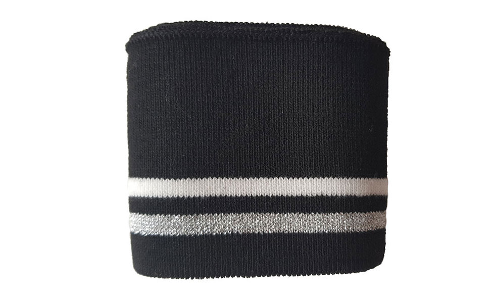 Strickbündchen, Collegebündchen in Schwarz mit Streifen in Weiß/Silber, 95 x 6 cm – Bild 2