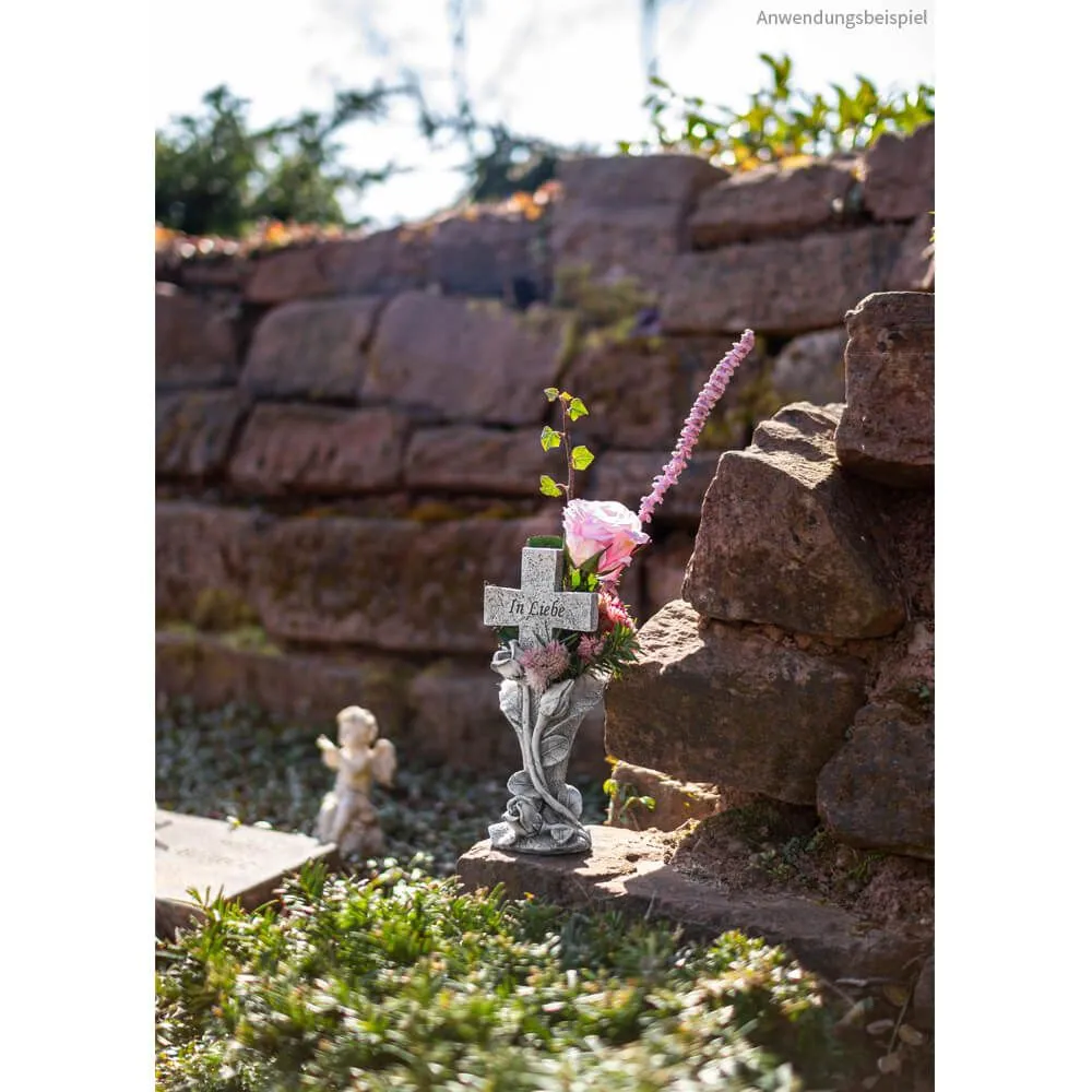 Graue Grabvase mit Sockel „In Liebe“ verziert mit Rosen Kreuz – Bild 3