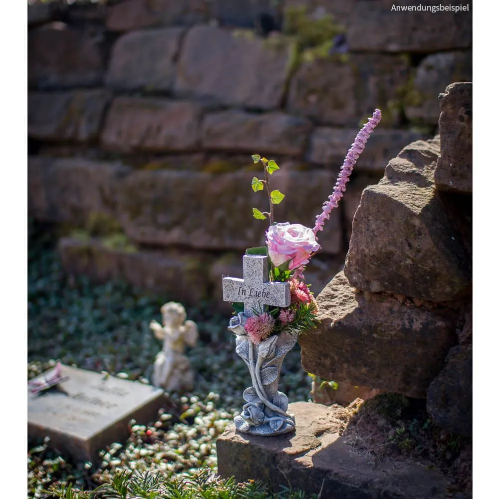 Graue Grabvase mit Sockel „In Liebe“ verziert mit Rosen Kreuz – Bild 6