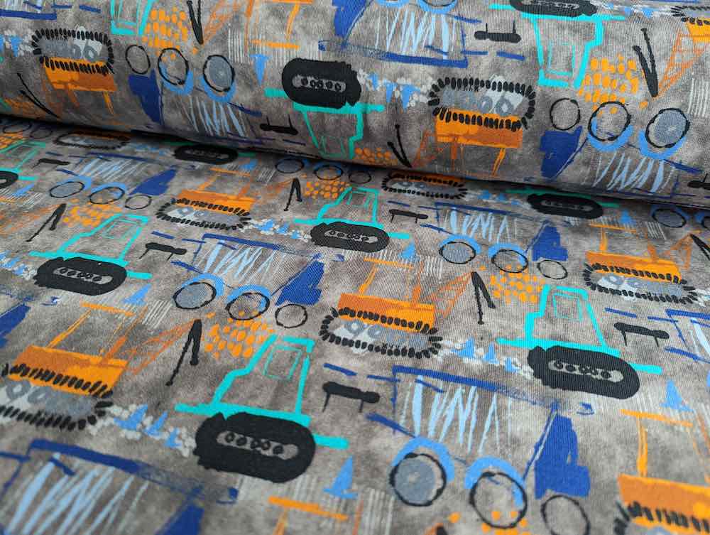 Sommersweat, Bagger Blau / Grasgrün auf Grau