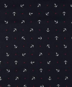 Baumwollstoff, kleine Anker mit roten Punkten auf Marine