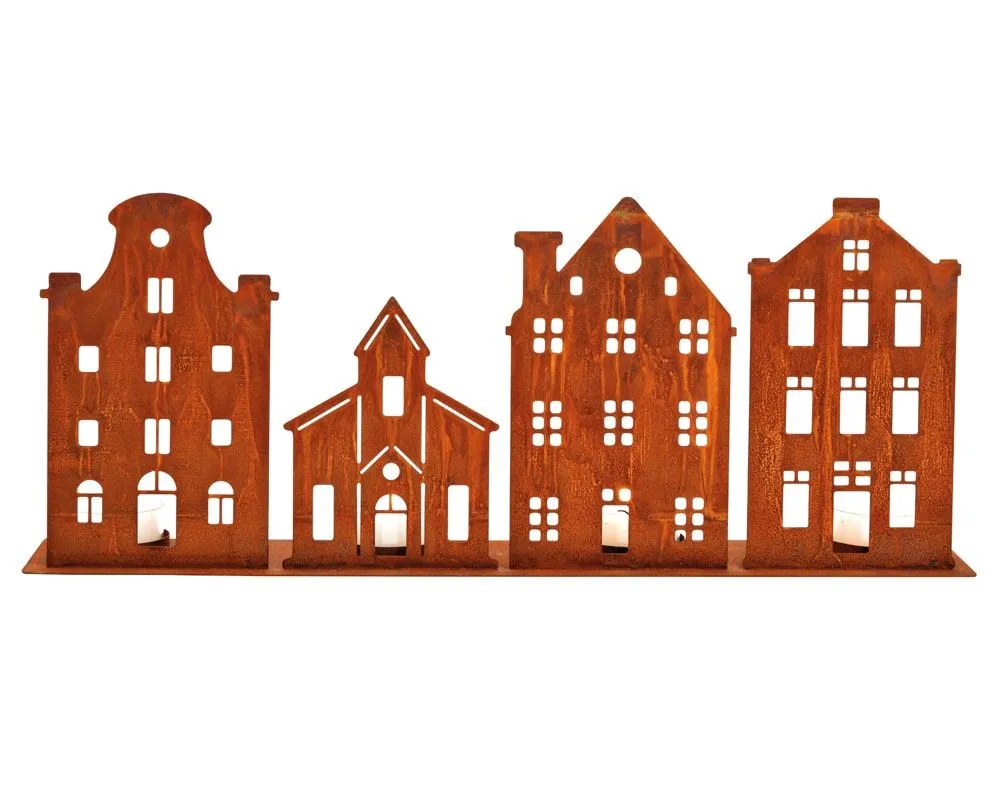 Kerzenhalter für 4 Kerzen Haus Dekor Kerzenständer rostig Metall 52x20x9 cm – Bild 2