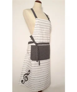 Latzschürze Schürze Kochschürze Landhaus Premium KLARA Notenzeilen & Tasche grau