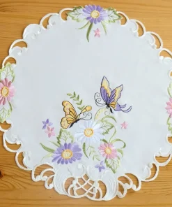 Mitteldecke Tischwäsche Schmetterlinge Blumen Zierkante Stick bunt Ø 40 cm rund