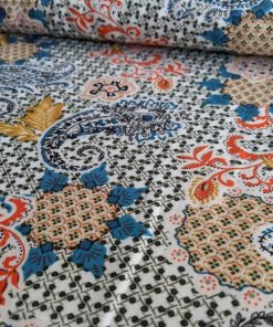 Viskosestoff – Retro Druck in Orange/ Blau / Schwarz