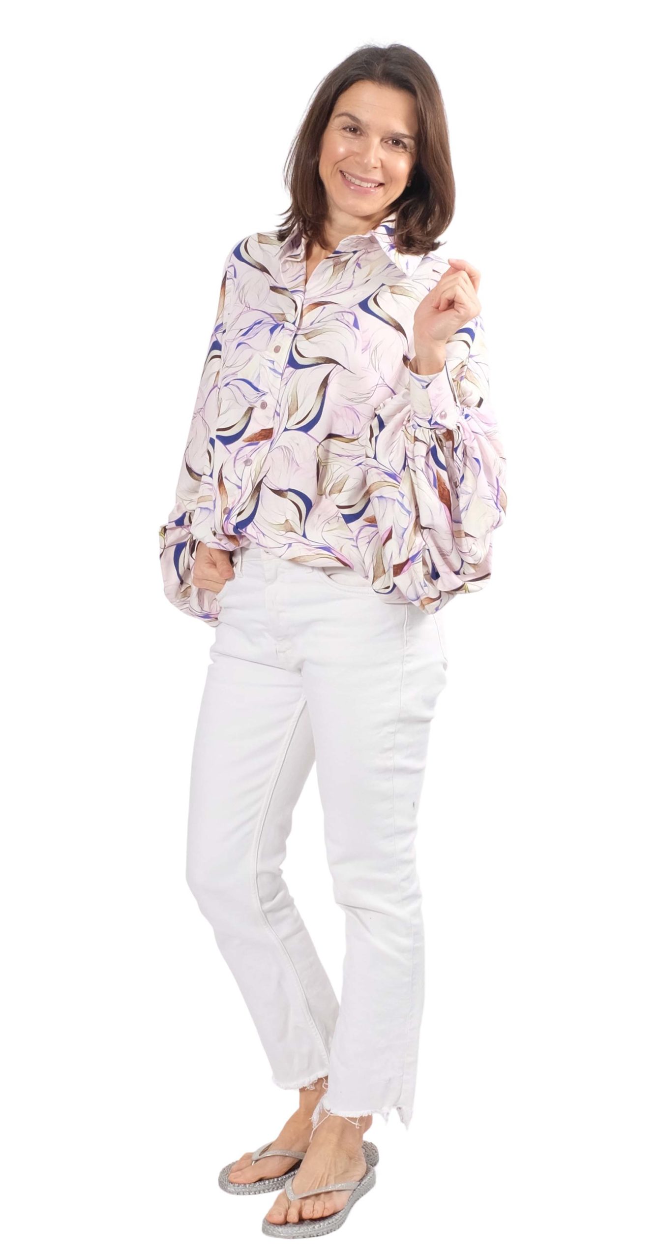 Leichter Viskose Stretch, Blumenmusterung grafische Zeichnung Blau / Orange – Bild 4