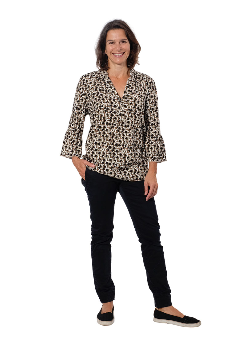 Leichter Viskose Stretch, Blumenmusterung grafische Zeichnung Blau / Orange – Bild 9