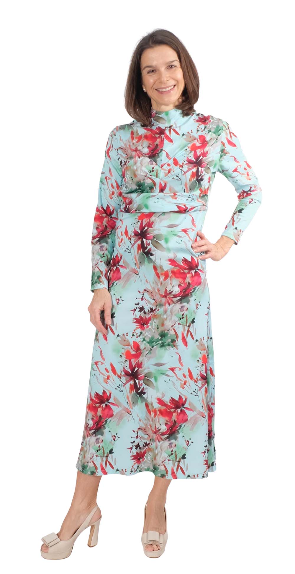 Leichter Viskose Stretch, Blumenmusterung grafische Zeichnung Blau / Orange – Bild 5