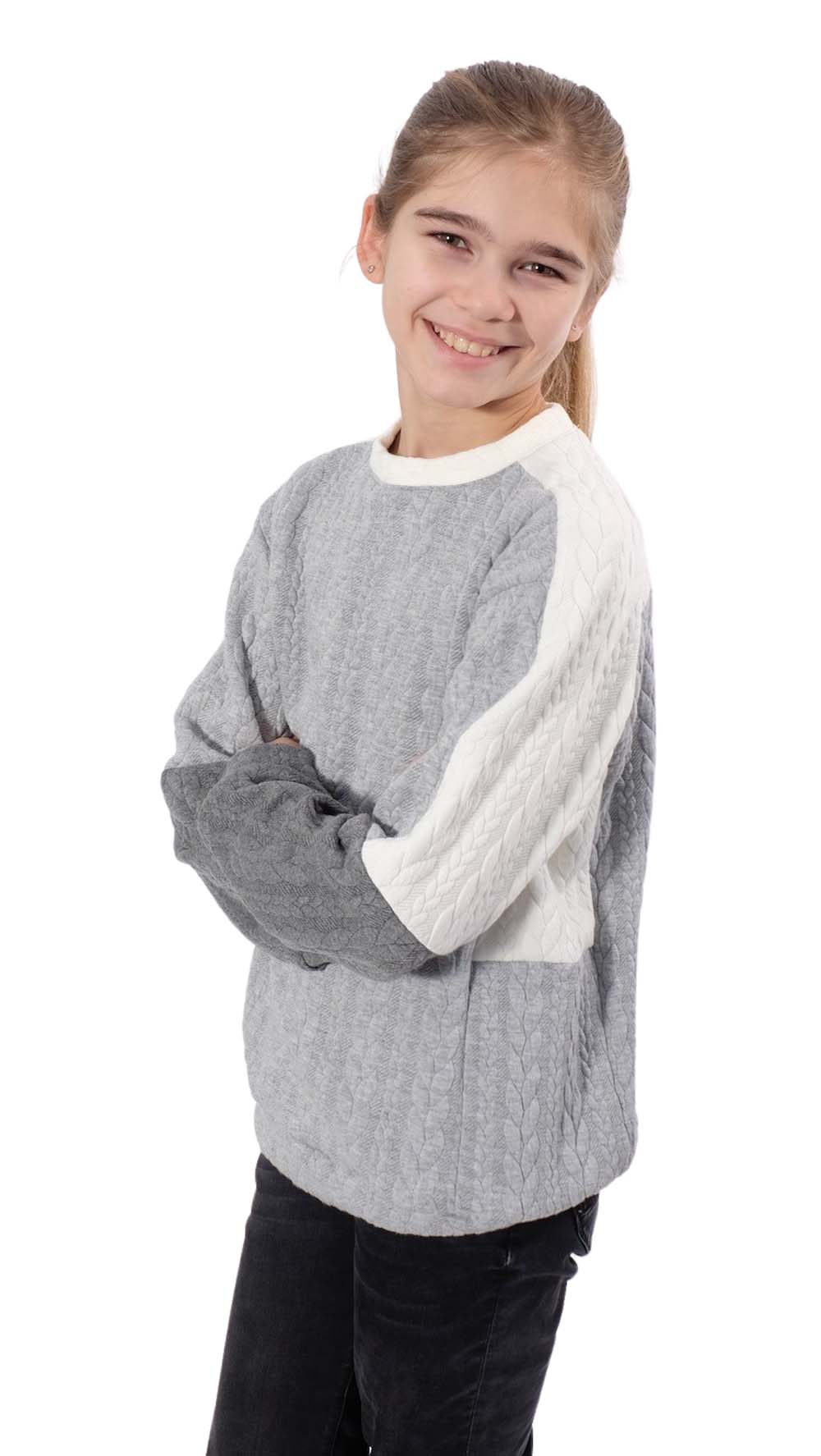 Dehnbarer Strickstoff mit Zopfmuster, Grau – Bild 6