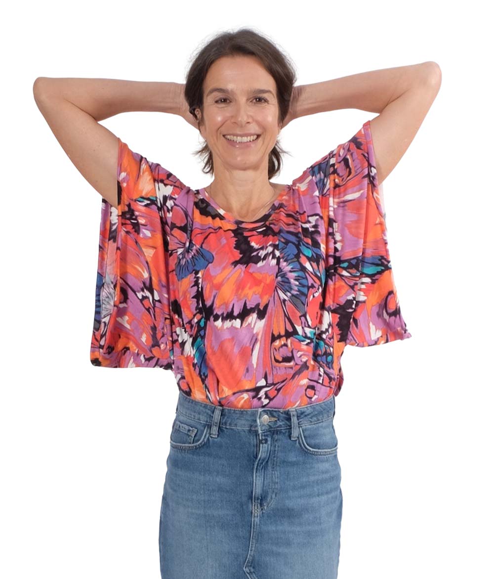 Viskosejersey, Butterfly, grafische Musterung Rot / Lila / Orange – Bild 3