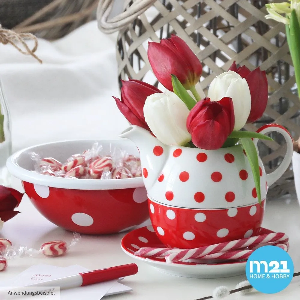 Teekanne mit Tasse Teebecher und Untersetzer Teller Set rot gepunktet 15×14 cm – Bild 4