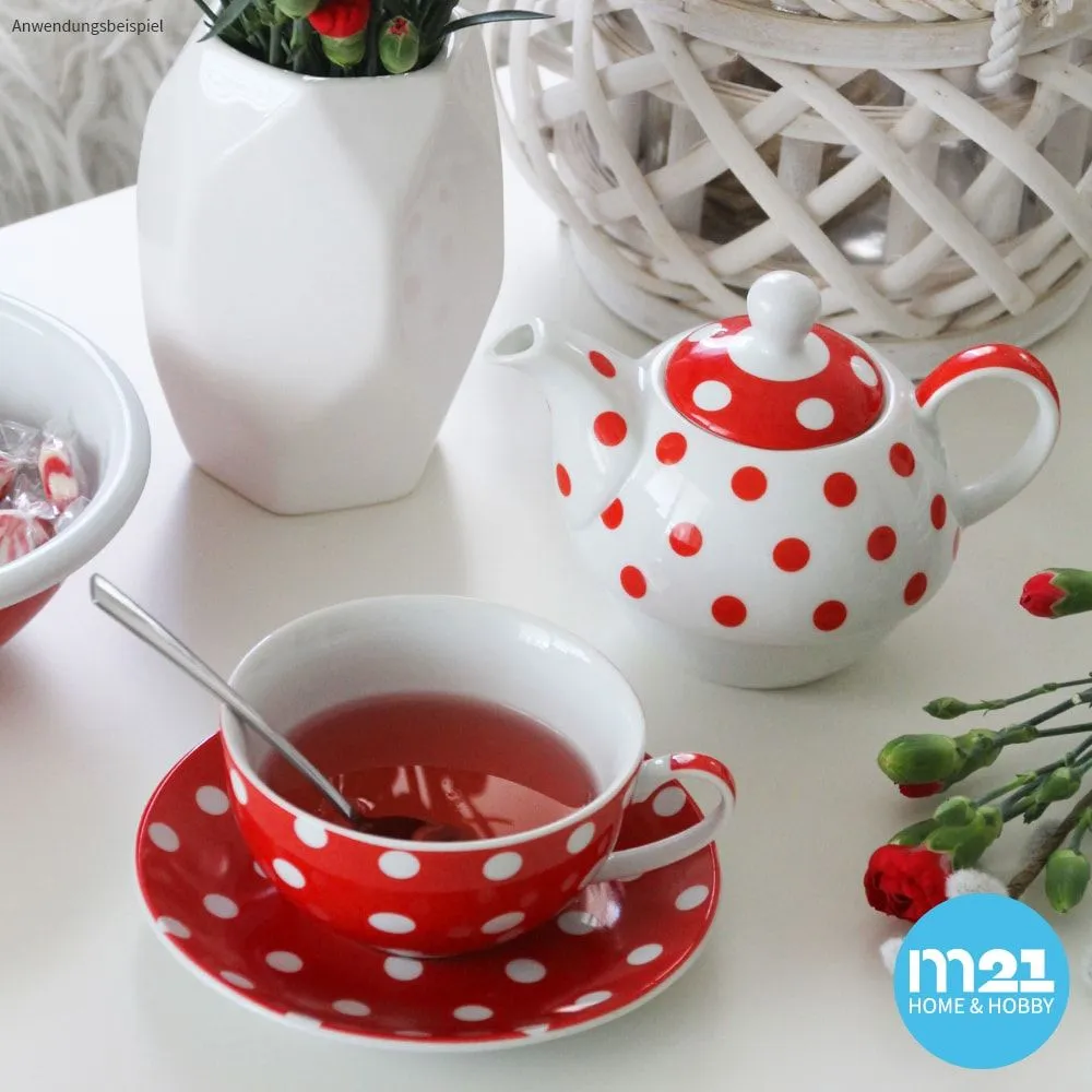 Teekanne mit Tasse Teebecher und Untersetzer Teller Set rot gepunktet 15×14 cm – Bild 5
