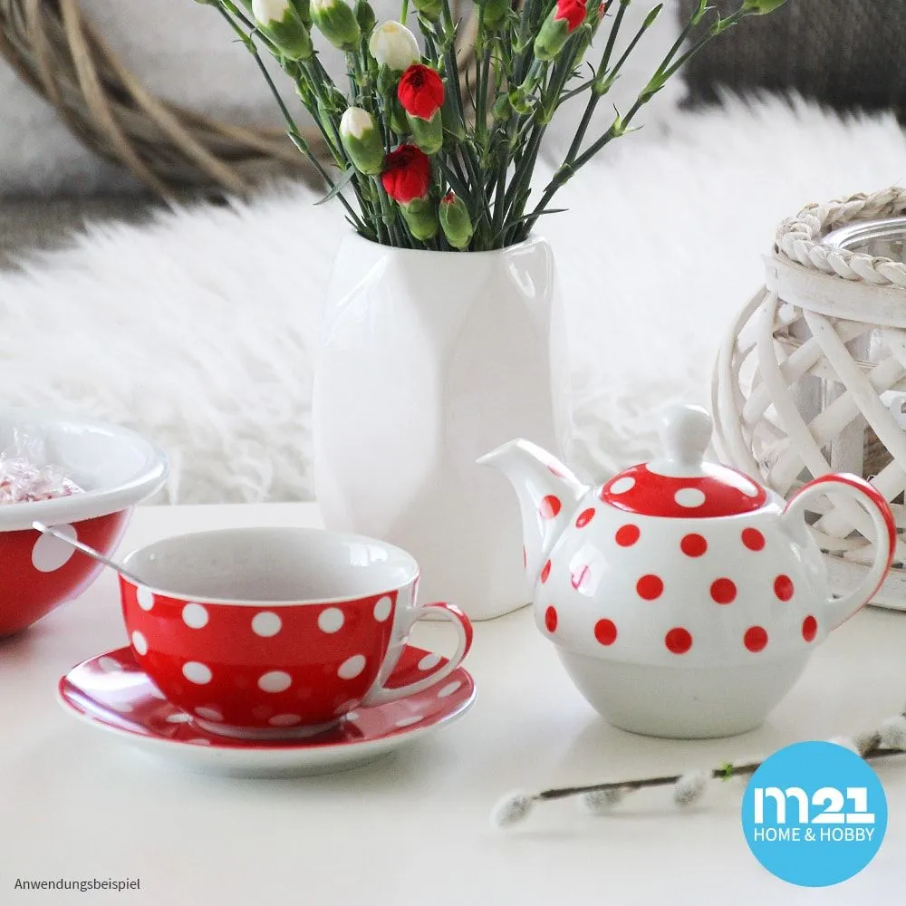 Teekanne mit Tasse Teebecher und Untersetzer Teller Set rot gepunktet 15×14 cm – Bild 3