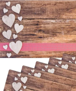 Tischsets Platzsets MOTIV Landhaus Herzen Karoband rot & Holz 6 Stk Abwaschbar