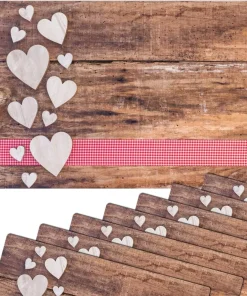 Tischsets Platzsets MOTIV Landhaus Herzen Karoband rot & Holz 8 Stk Abwaschbar