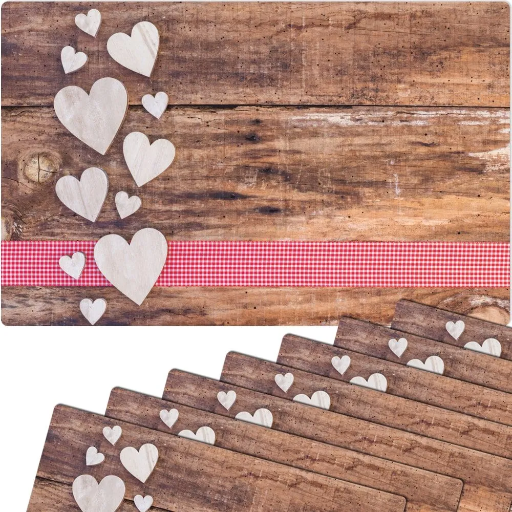 Tischsets Platzsets MOTIV Landhaus Herzen Karoband rot & Holz 8 Stk Abwaschbar