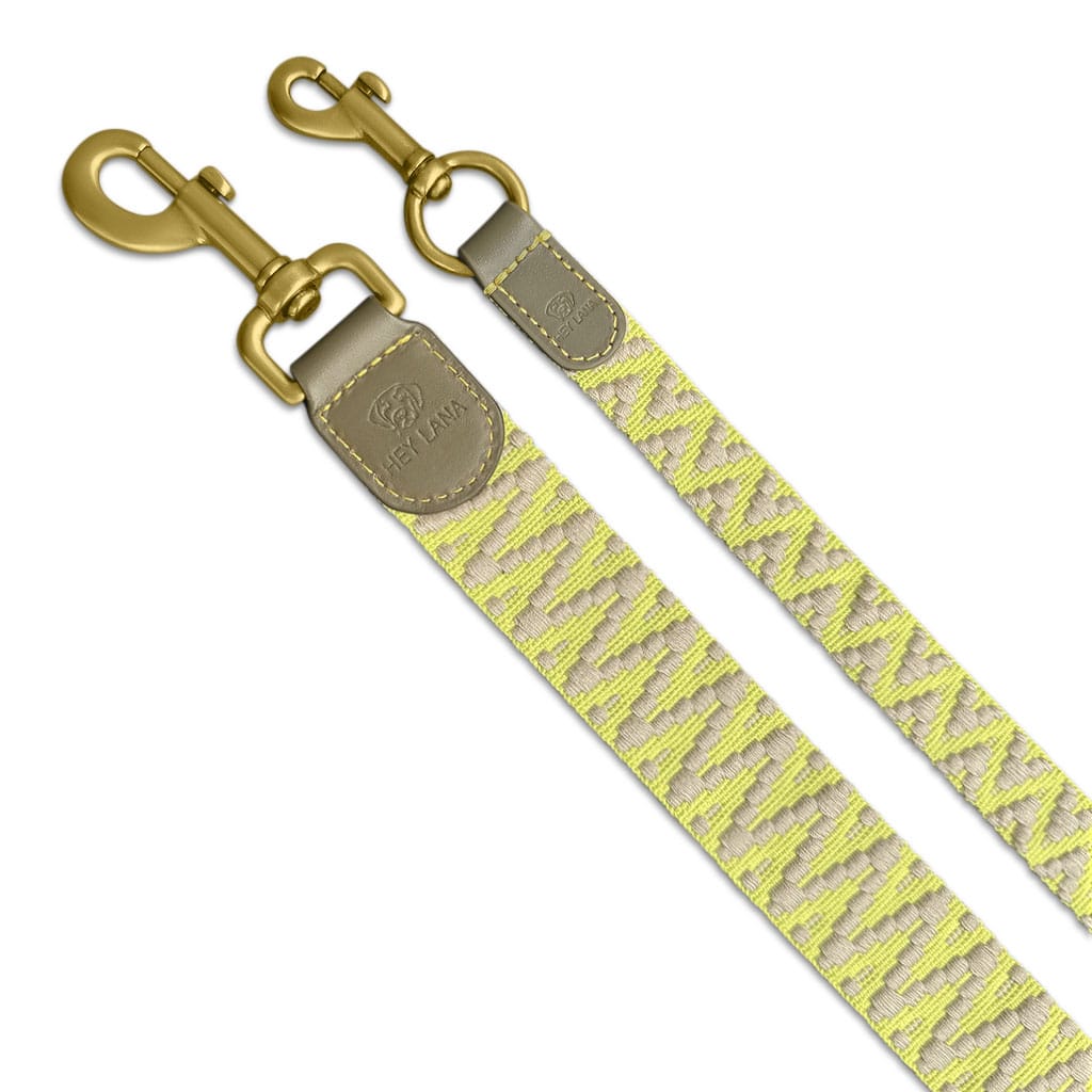 Hey Lana Premium Hundeleine 3-fach verstellbar, 2m, Rindsleder, gewebte Biobaumwolle, „Trés chic olive/neongelb“ XS, 2cm (bis 20kg)