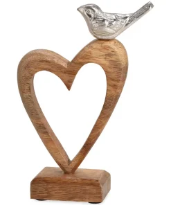 Vogel & Herz Dekofigur aus Mangoholz & Metall Liebe Skulptur silber braun 22 cm