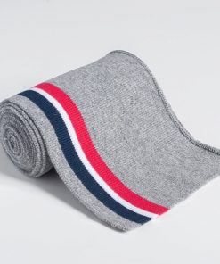 Strickbündchen, Collegebündchen in Grau Melange mit Streifen in Marine Rot, 120 cm
