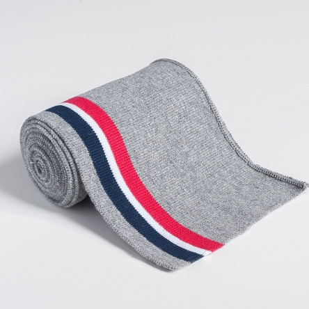 Strickbündchen, Collegebündchen in Grau Melange mit Streifen in Marine Rot, 120 cm – Bild 3