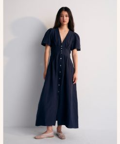 The New Society – Kleid „HERA“, Navy Blue, Leinen
